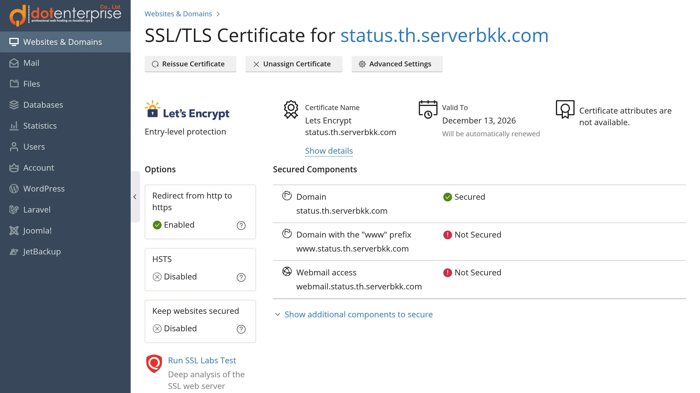 หน้า SSL/TLS Certificate ของโดเมนหลังติดตั้ง: Let's Encrypt Entry-level protection, Valid To พร้อม Will be automatically renewed, การ์ด Options ได้แก่ Redirect from http to https เป็น Enabled, HSTS และ Keep websites secured เป็น Disabled และ Secured Components แสดง Domain เป็น Secured ส่วน www และ Webmail access เป็น Not Secured
